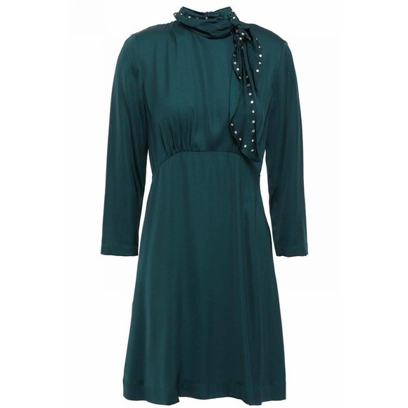 Sandro Paris $370 teal Embellished Tie Neck satin mini Dress Holiday Party sz S - Picture 1 of 16
